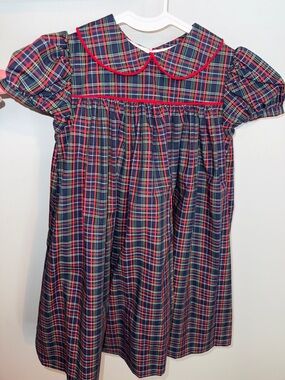 Classic Girls' Plaid Peter Pan Dress with Red Trim - Navy/Red